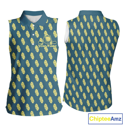 Teal Sleeveless Womens Golf Polo Shirt With Flower Pattern – Lightweight Performance Polo For Women NHT782