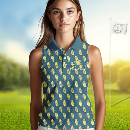 Teal Sleeveless Womens Golf Polo Shirt With Flower Pattern – Lightweight Performance Polo For Women NHT782