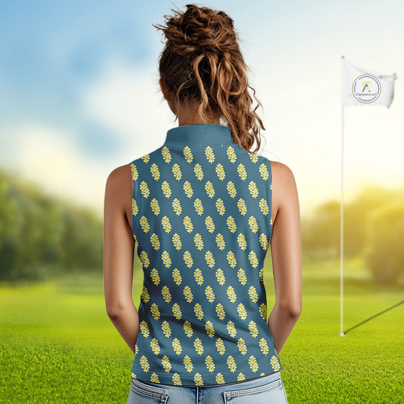 Teal Sleeveless Womens Golf Polo Shirt With Flower Pattern – Lightweight Performance Polo For Women NHT782