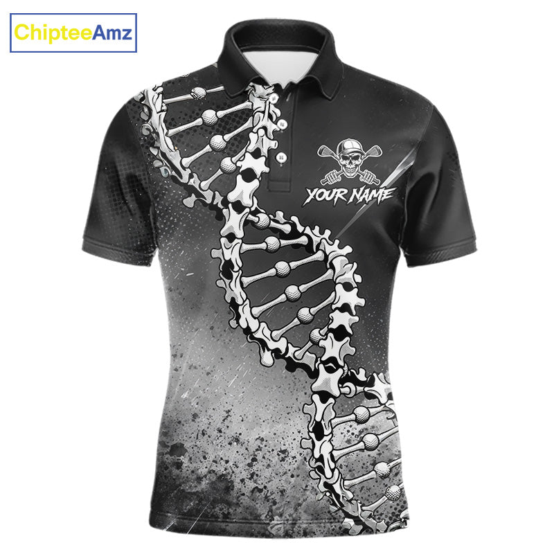 Custom Black Grey Mens Golf Polo Shirt DNA Skull Design, Personalized Name Golf Shirt, Golf Team Shirt NHT793