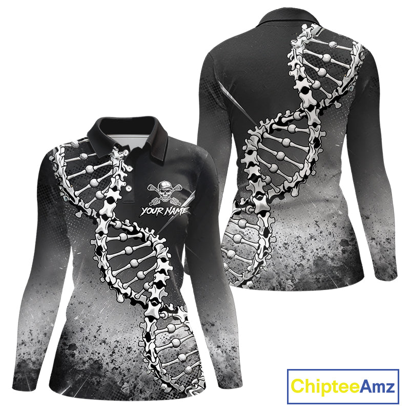 Custom Black Grey Womens Golf Polo Shirt DNA Skull Design, Personalized Name Golf Shirt, Golf Team Shirt NHT793