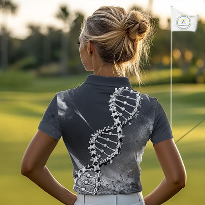 Custom Black Grey Womens Golf Polo Shirt DNA Skull Design, Personalized Name Golf Shirt, Golf Team Shirt NHT793