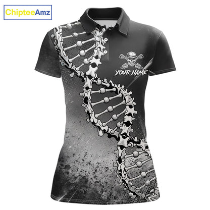 Custom Black Grey Womens Golf Polo Shirt DNA Skull Design, Personalized Name Golf Shirt, Golf Team Shirt NHT793