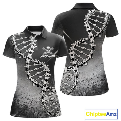 Custom Black Grey Womens Golf Polo Shirt DNA Skull Design, Personalized Name Golf Shirt, Golf Team Shirt NHT793