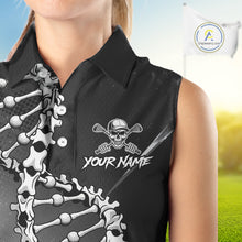 Load image into Gallery viewer, Custom Black Grey Sleeveless Womens Golf Polo Shirt DNA Skull Design, Personalized Name Golf Shirt, Golf Team Shirt NHT793