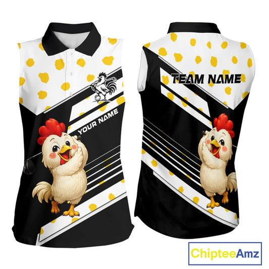 Funny Chicken Womens Sleeveless Golf Polo Shirt  Personalized Rooster Golfer Custom Name