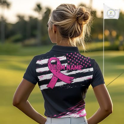 Pink Ribbon American Flag Flamingo Funny Women Golf Polo Shirts Custom Breast Cancer Awareness NHT798