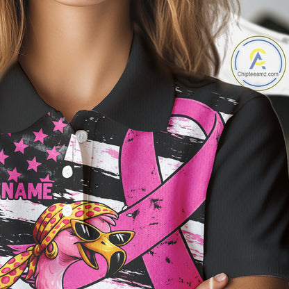 Pink Ribbon American Flag Flamingo Funny Women Golf Polo Shirts Custom Breast Cancer Awareness NHT798