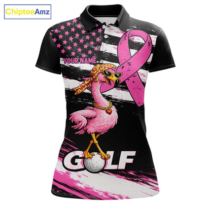 Pink Ribbon American Flag Flamingo Funny Women Golf Polo Shirts Custom Breast Cancer Awareness NHT798