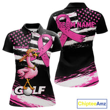 Load image into Gallery viewer, Pink Ribbon American Flag Flamingo Funny Women Golf Polo Shirts Custom Breast Cancer Awareness NHT798