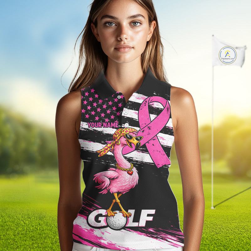 Pink Ribbon American Flag Flamingo Funny Women Golf Polo Shirts Custom Breast Cancer Awareness NHT798