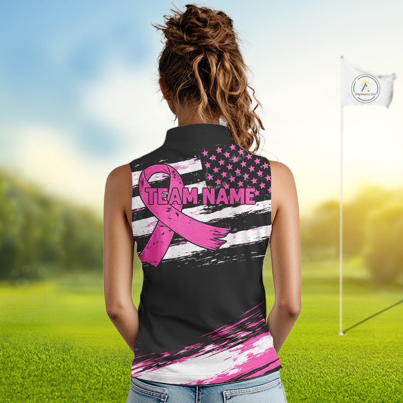 Pink Ribbon American Flag Flamingo Funny Women Golf Polo Shirts Custom Breast Cancer Awareness NHT798