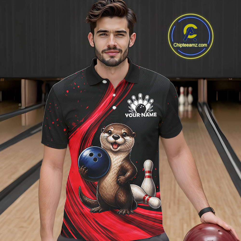Otter Bowling Shirt Custom Name Black Red Bowling Ball Personalized Team Jersey For Men NHT1273