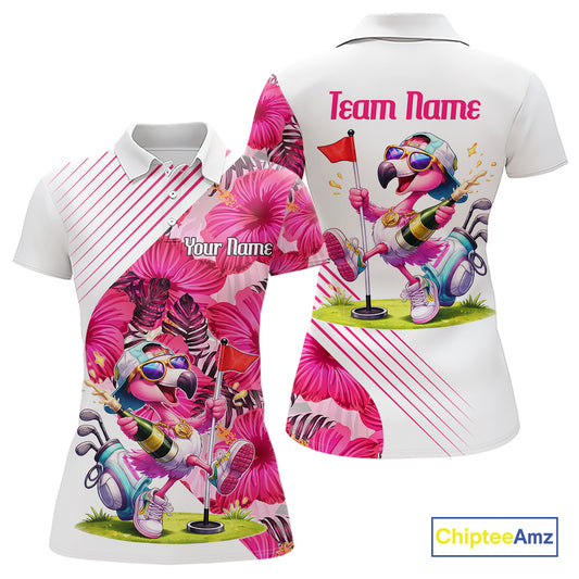 Custom Flamingo Funny Womens Golf Polo Shirt – Personalized Tropical Flower Design NHT595