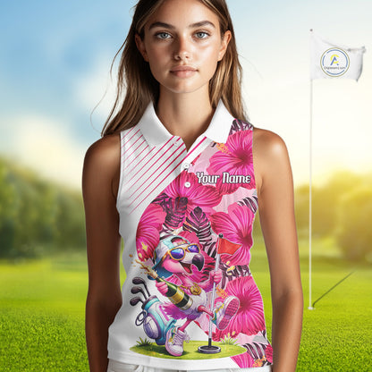 Custom Flamingo Funny Womens Sleeveless Golf Polo Shirt – Personalized Tropical Flower Design NHT595