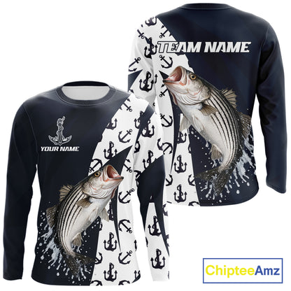 Personalized Striped Bass Fishing Shirts Long Sleeve With Pattern Anchor, Fishing Shirt Jersey NHT611
