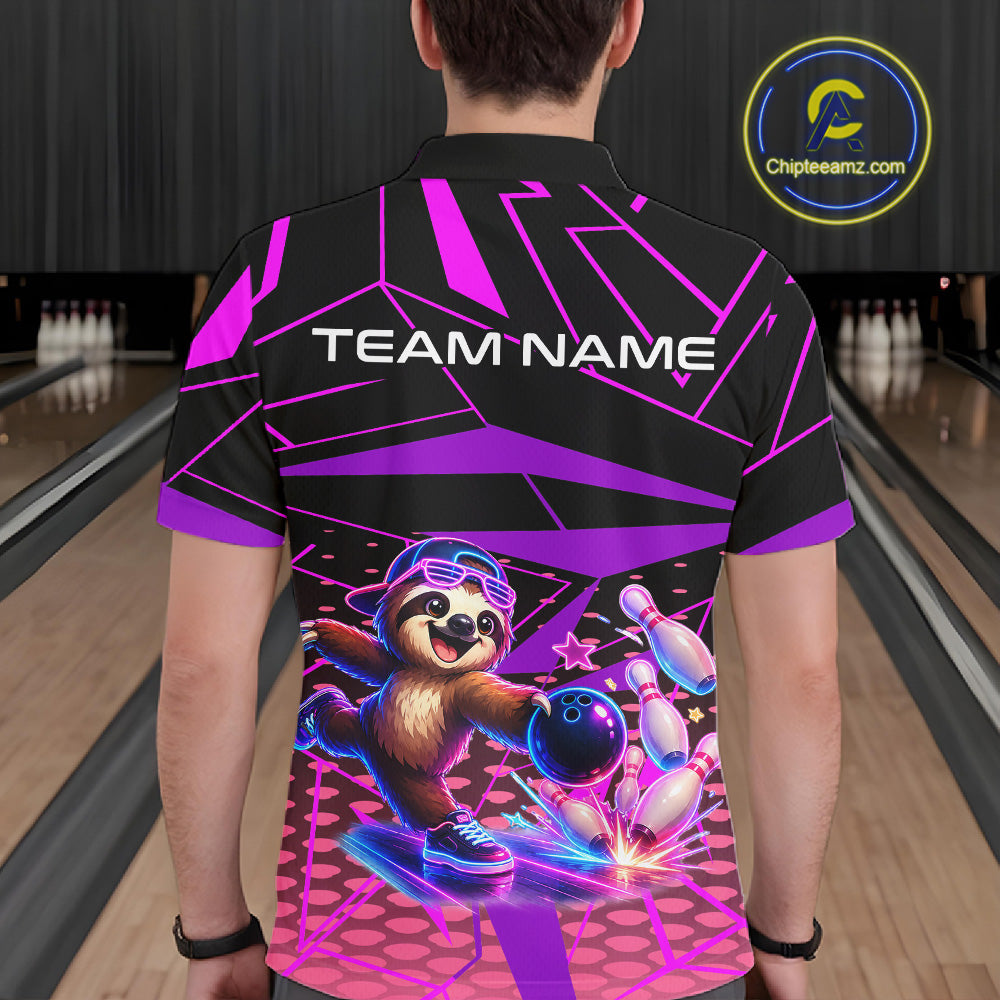 Person wearing a bowling-themed shirt with a sloth character in a bowling alley.