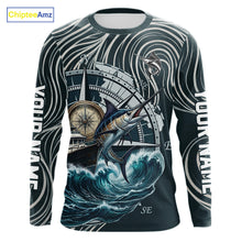 Load image into Gallery viewer, Marlin Fishing Long Sleeve Shirt Ocean Wave Compass Design, UV Protection Performance Fishing Apparel NHT613