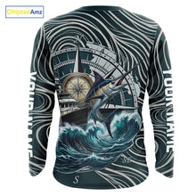 Load image into Gallery viewer, Marlin Fishing Long Sleeve Shirt Ocean Wave Compass Design, UV Protection Performance Fishing Apparel NHT613