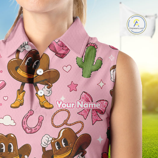 Personalized Women’s Sleeveless Western Polo Shirt Retro Pink Cowgirl Cartoon Pattern Custom Name
