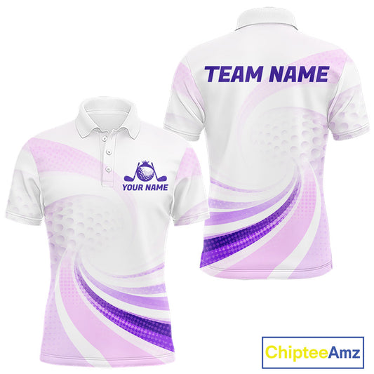 White and purple polo shirt with 'Team Name' and 'Your Name' 