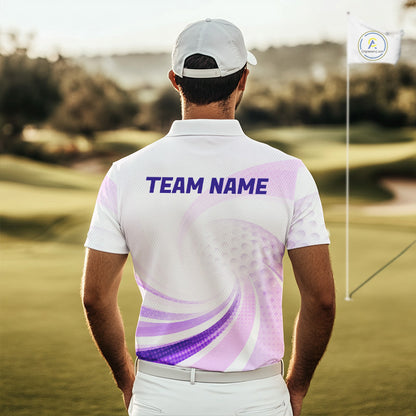 Person on a golf course wearing a white polo shirt with 'TEAM NAME' printed on the back.
