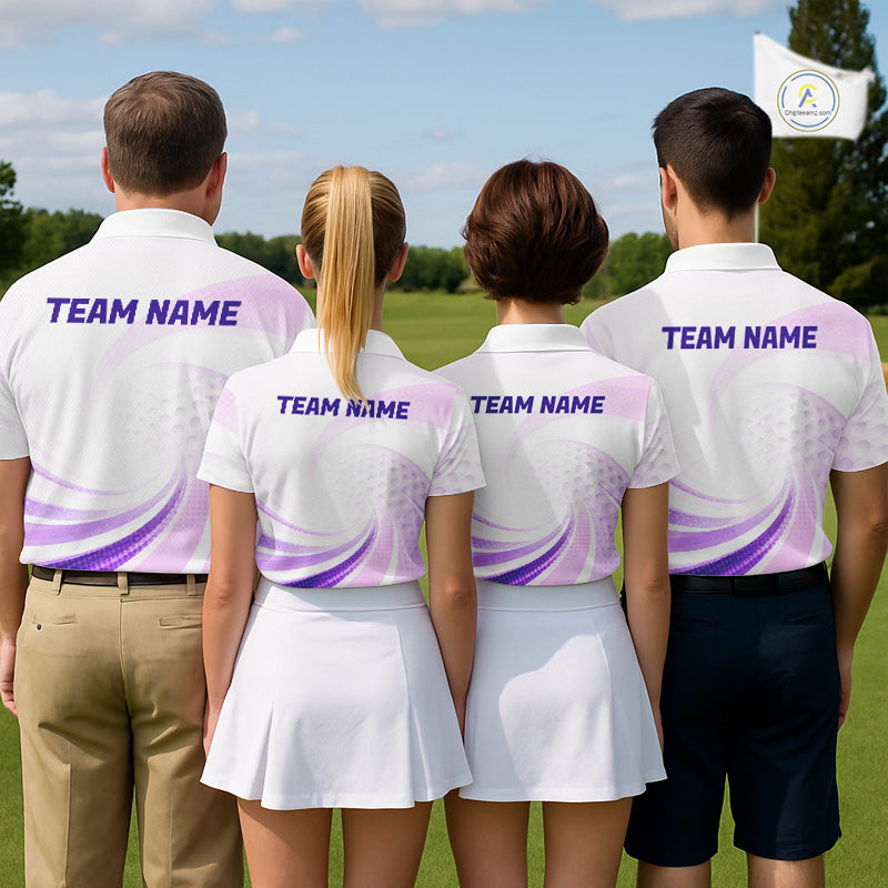 Four people in golf attire with 'TEAM NAME' on the back, standing on a golf course.