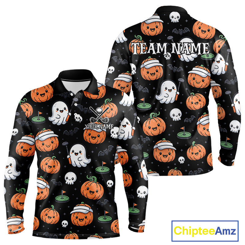 A long-sleeve polo shirt shown from both front and back on a white background. The shirt has a black base with an all-over Halloween print featuring orange pumpkins, white ghosts, and small skulls, plus a customizable 'TEAM_NAME' and 'YOURNAME' graphic on the chest.