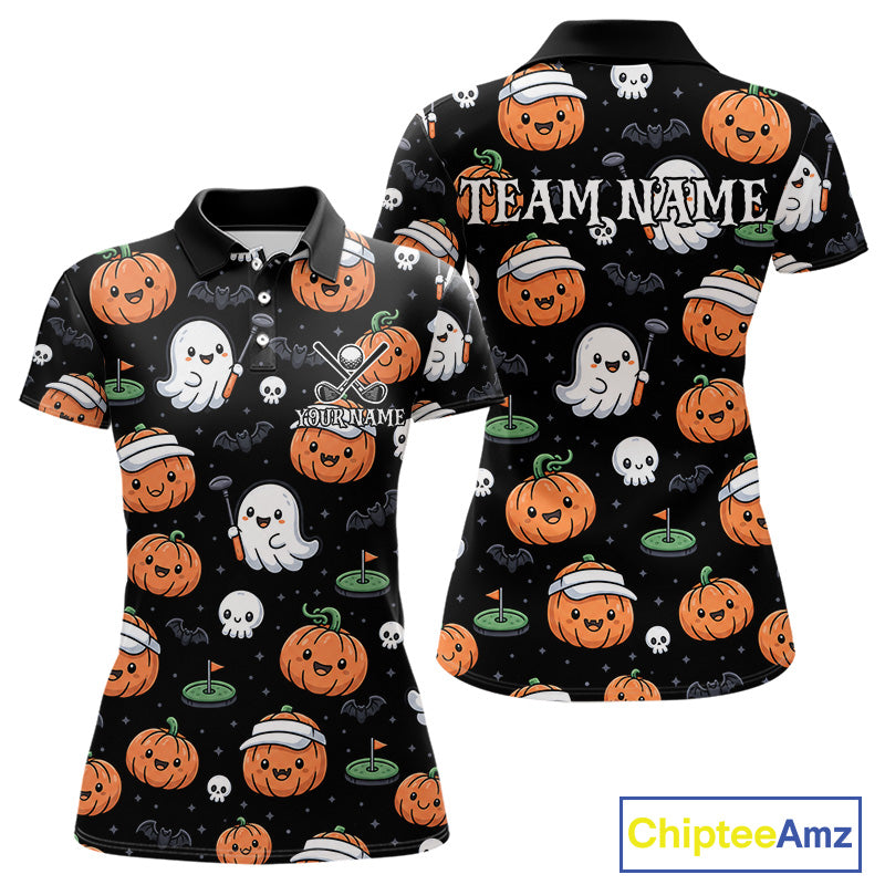 Black short-sleeve polo shirt with a Halloween-themed print featuring orange pumpkins, white ghosts, skulls, bats, and green golf balls on a white background, shown in front and back views with customizable text.