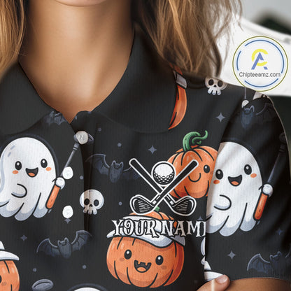 A close-up of a person wearing a black short-sleeve collared shirt with a Halloween golf-themed print. The design features cute white ghosts holding golf clubs, orange pumpkins, black bats, and a central crossed-golf clubs graphic with a golf ball and the placeholder text 'YOUR NAME'.