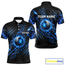 Load image into Gallery viewer, Black polo shirt with blue DNA and golf ball design, customizable text, and Chiptee Amz branding.