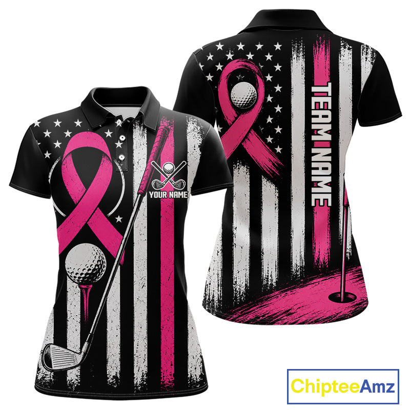 Black short-sleeve polo shirt with a pink and white distressed American flag design, featuring a large pink ribbon, golf ball, golf clubs, and the text 'TEAM NAME' on the back. Front and back views shown on a white background with a ChipteeAmz logo in the corner.