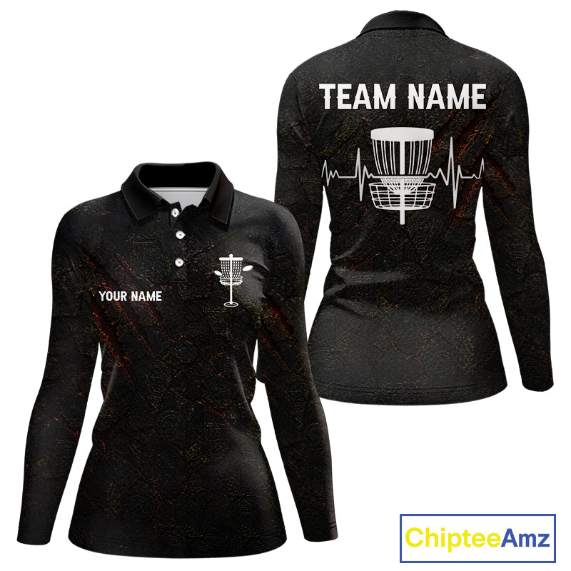 Black Flame Disc Golf Womens Polo Shirts Custom Name Disc Golf Polo Shirts Black Athletic Style NHT834