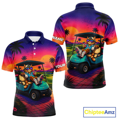 Personalized Cat Mens Golf Polo Shirt – Funny Tropical Sunset Golf Gilf For Golfer