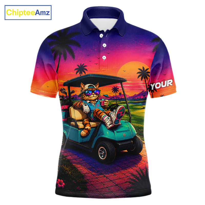 Personalized Cat Mens Golf Polo Shirt – Funny Tropical Sunset Golf Gilf For Golfer