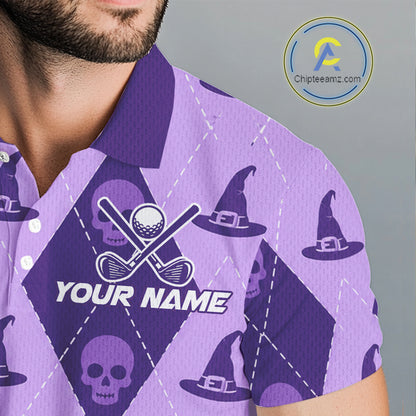A close-up of a man wearing a purple and lavender argyle golf shirt with witch hats, skulls, crossed golf clubs, and a customizable 'YOUR NAME' print on the chest.
