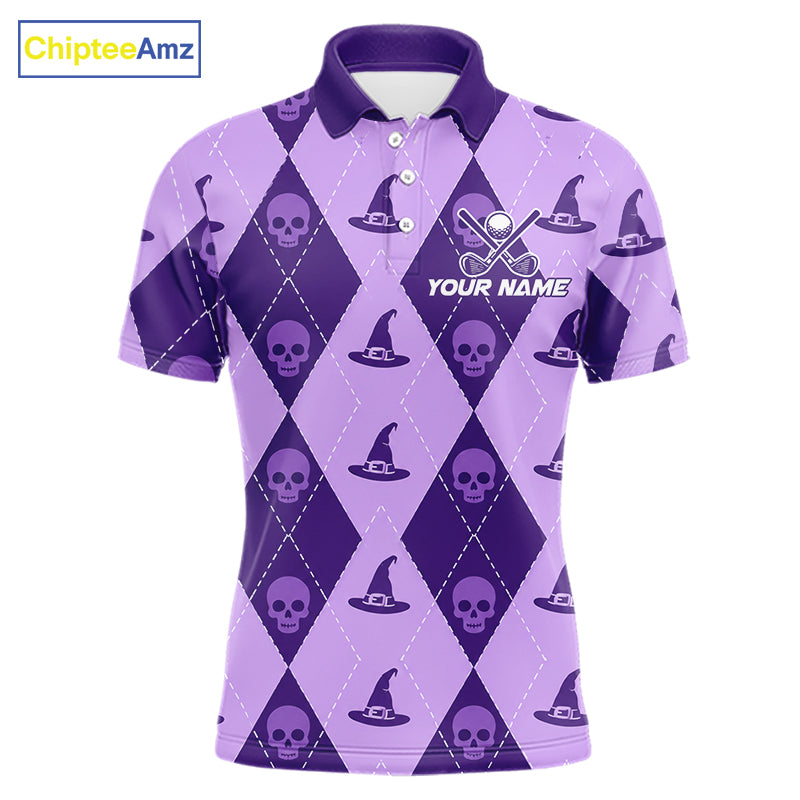 A purple short-sleeve polo shirt with a Halloween-themed argyle pattern featuring skulls and witch hats, with a customizable name and golf club graphic on the chest. The ChipteeAmz logo is visible in the top left corner.