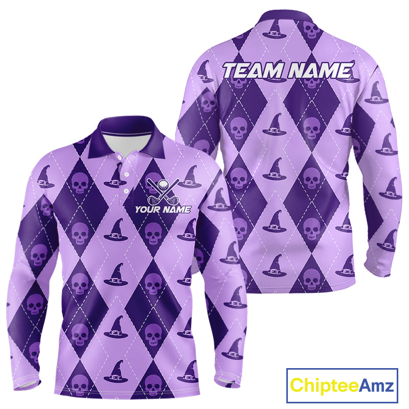 A long-sleeve polo shirt shown from both front and back on a white background. The shirt has a purple and lavender argyle pattern with repeated skull and witch hat motifs.