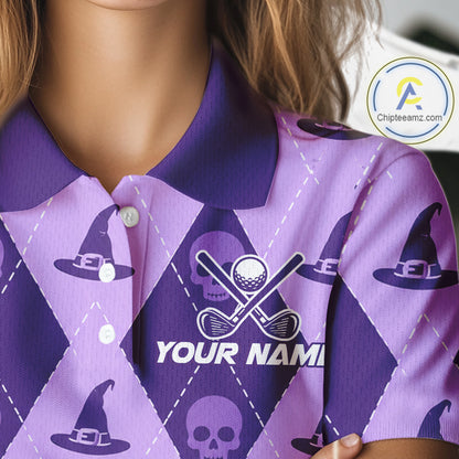 A close-up of a purple and lavender argyle polo shirt with a witch hat, skull, and crossed golf clubs pattern. The shirt features a custom placeholder print reading 'YOUR NAME' and has a visible 'ChipleEamz.