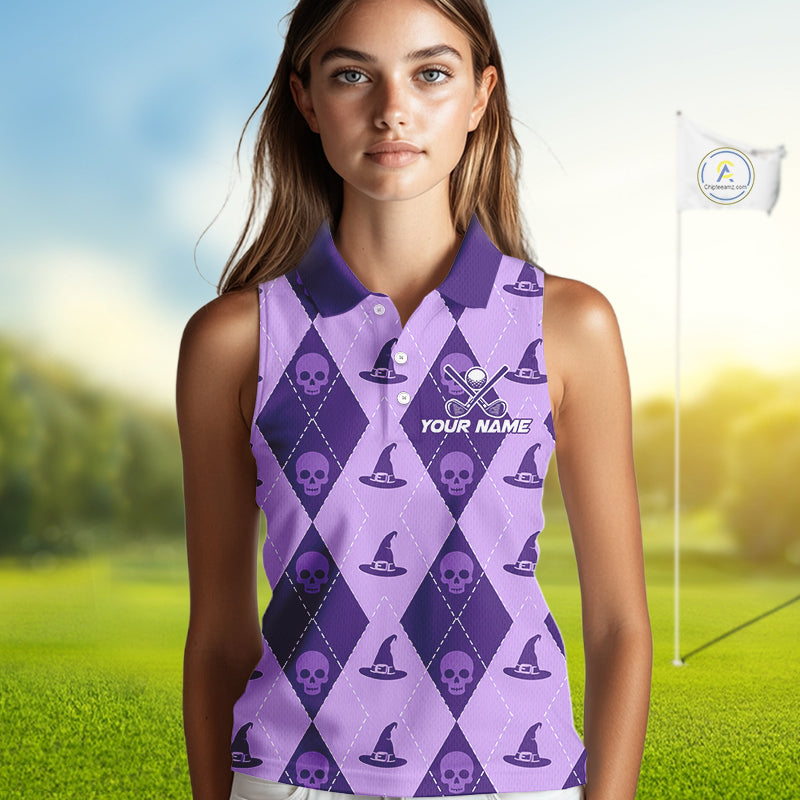 A woman modeling a sleeveless purple and lavender argyle polo shirt with skull and witch hat patterns, set against a blurred golf course background with a flag.