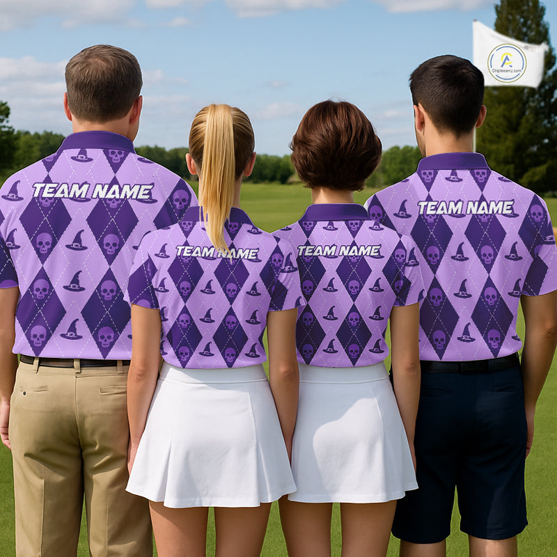 Custom Name Halloween Purple Witch Hat Men Golf Shirt, Personalized Argyle Skull Polo NHT1303