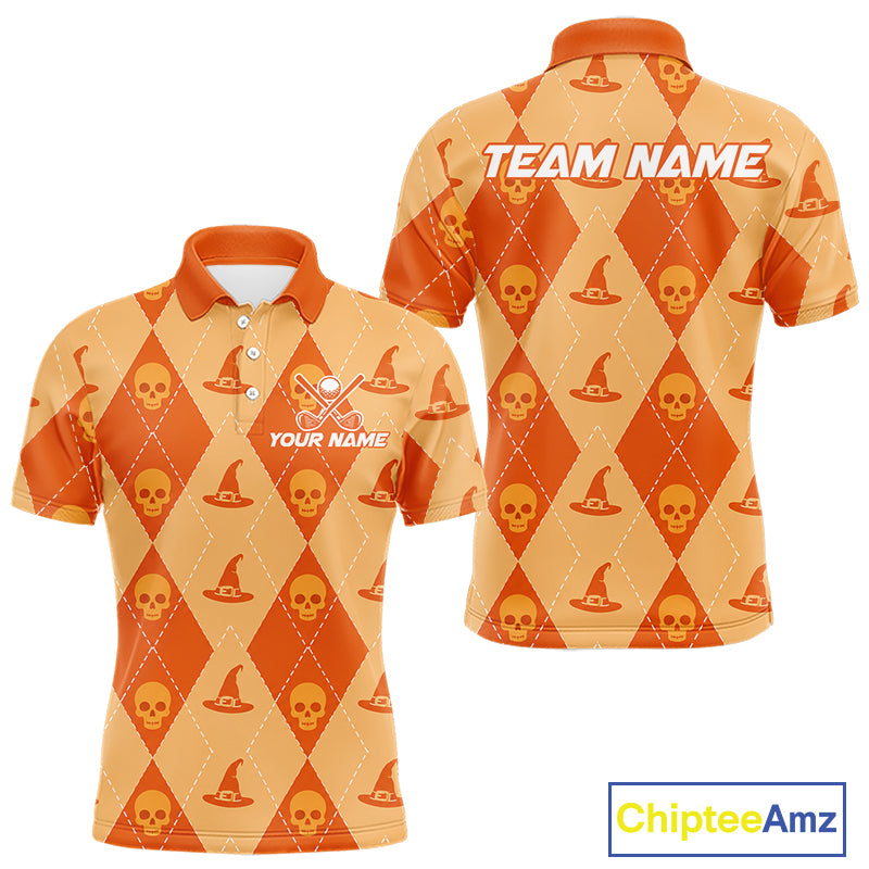 Front and back views of a short-sleeve polo shirt with an orange and beige argyle pattern featuring skull and witch hat motifs. The front has placeholder text 'YOUR NAME' and a crossed golf club graphic, while the back has 'TEAM NAME'.