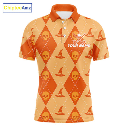 A short-sleeve polo shirt with an orange and beige diamond pattern featuring skull and witch hat motifs, with a custom name graphic on the chest. The ChipteeAmz logo is visible in the top-left corner.
