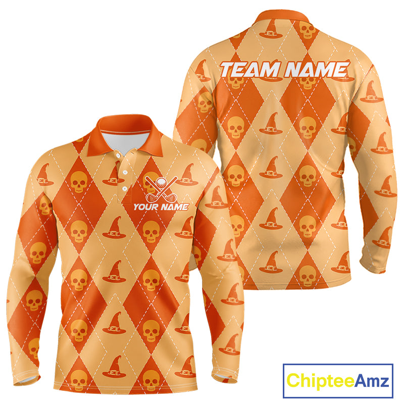 Front and back views of a long-sleeve polo shirt with an orange and beige Halloween-themed argyle pattern featuring skulls and witch hats, customizable text on the chest and back, and a ChipteeAmz logo in the bottom right corner.