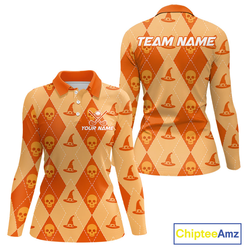 Front and back views of a long-sleeve polo shirt in orange and beige with a repeating skull and witch hat argyle pattern. The front has a collar, buttons, and placeholder text 'YOUR NAME' and 'TEAM NAME' on the back and chest.