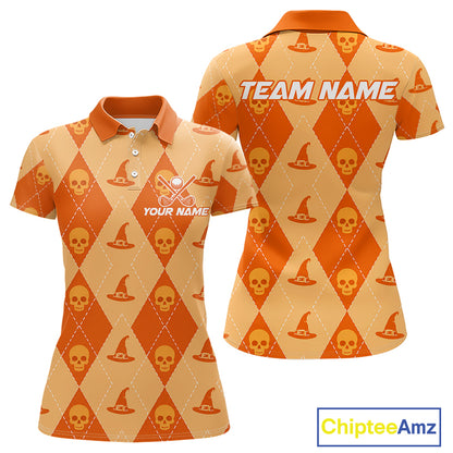 A women's short-sleeve polo shirt shown from the front and back, featuring an orange and beige harlequin pattern with repeated skull and witch hat motifs. The front has a small custom logo and 'YOUR NAME' text on the chest, and the back has 'TEAM NAME' across the shoulders.