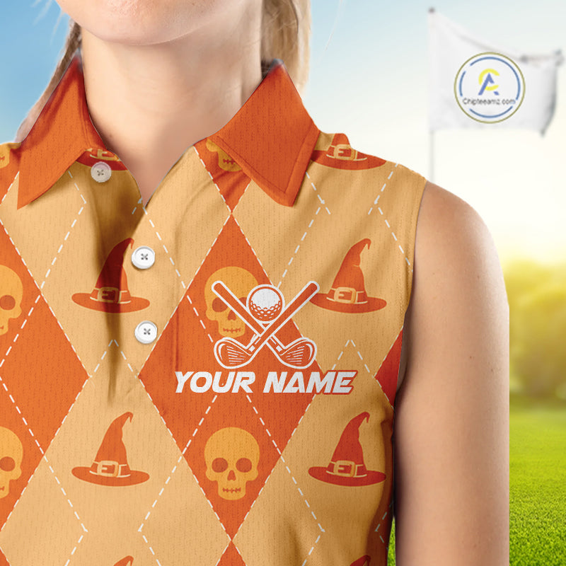 A close-up of a sleeveless polo shirt worn by a model, featuring a Halloween-themed argyle pattern with orange and tan diamonds, witch hats, skulls, crossed golf clubs and ball, and the text 'YOUR NAME'.