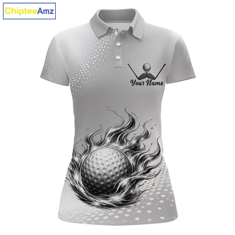 Personalized Flaming Golf Ball Womens Polo Shirt Gray Fire Design Custom Name Golf Shirts For Team NHT619