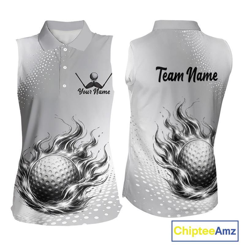 Personalized Flaming Golf Ball Sleeveless Polo Shirt Gray Fire Design Custom Name Golf Shirts For Team NHT619
