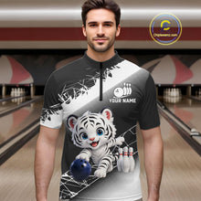 Load image into Gallery viewer, Man wearing a bowling-themed shirt with a tiger design in a bowling alley.